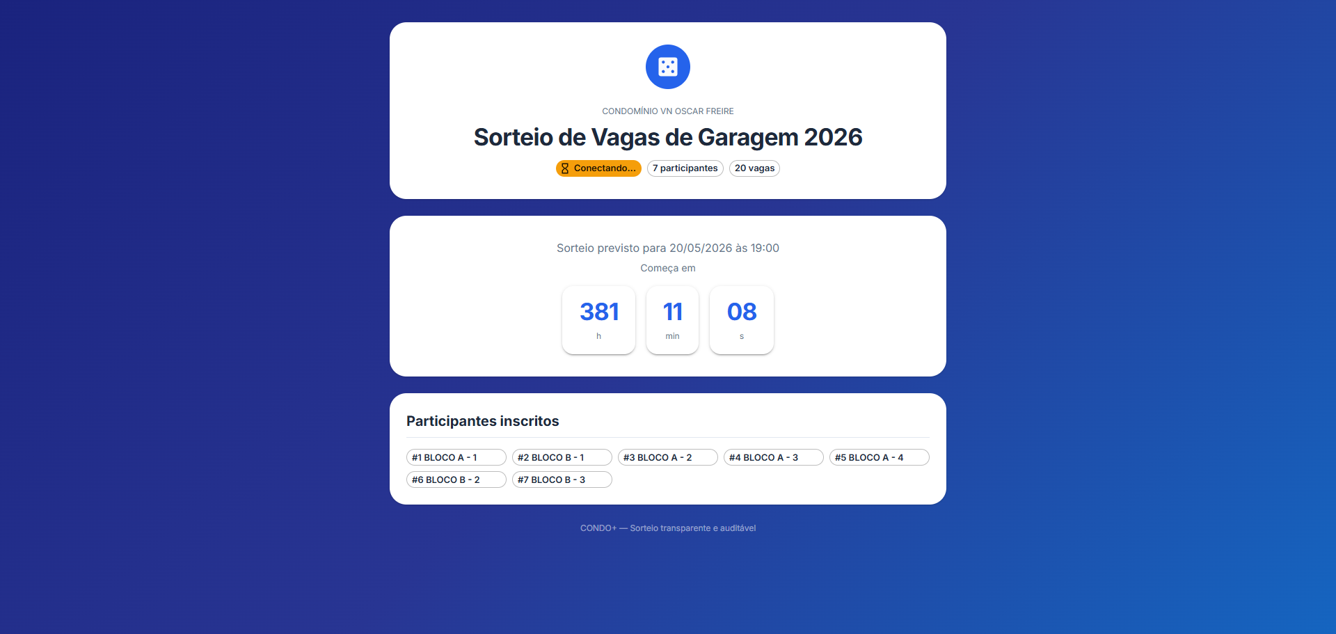 Live Draw do sorteio de vagas em tempo real